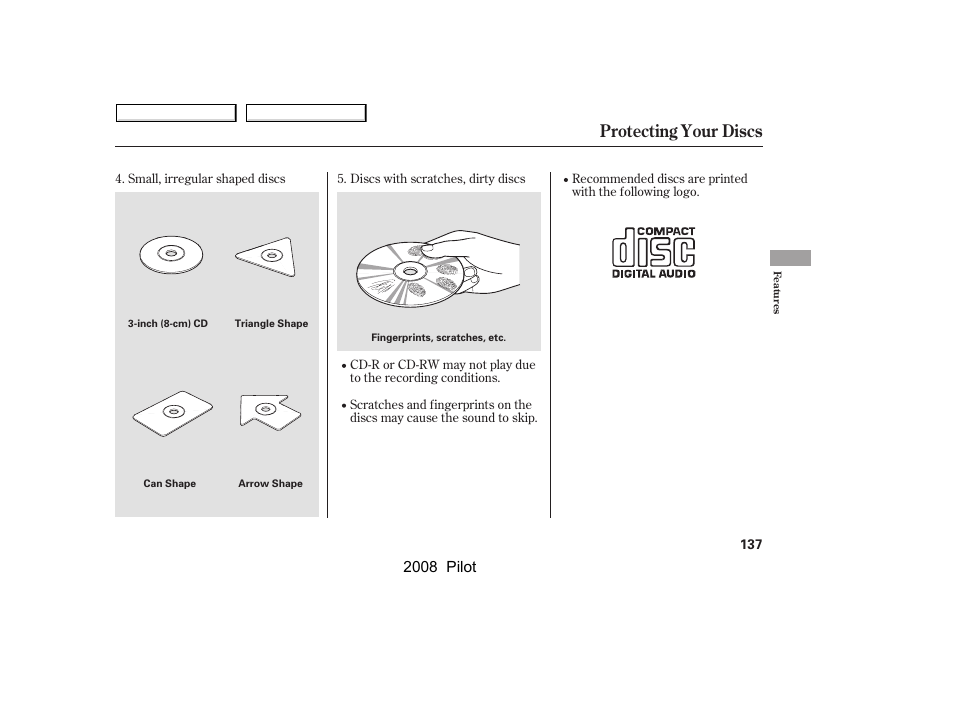 Protecting your discs, 2008 pilot | HONDA 2008 Pilot User Manual | Page 141 / 329