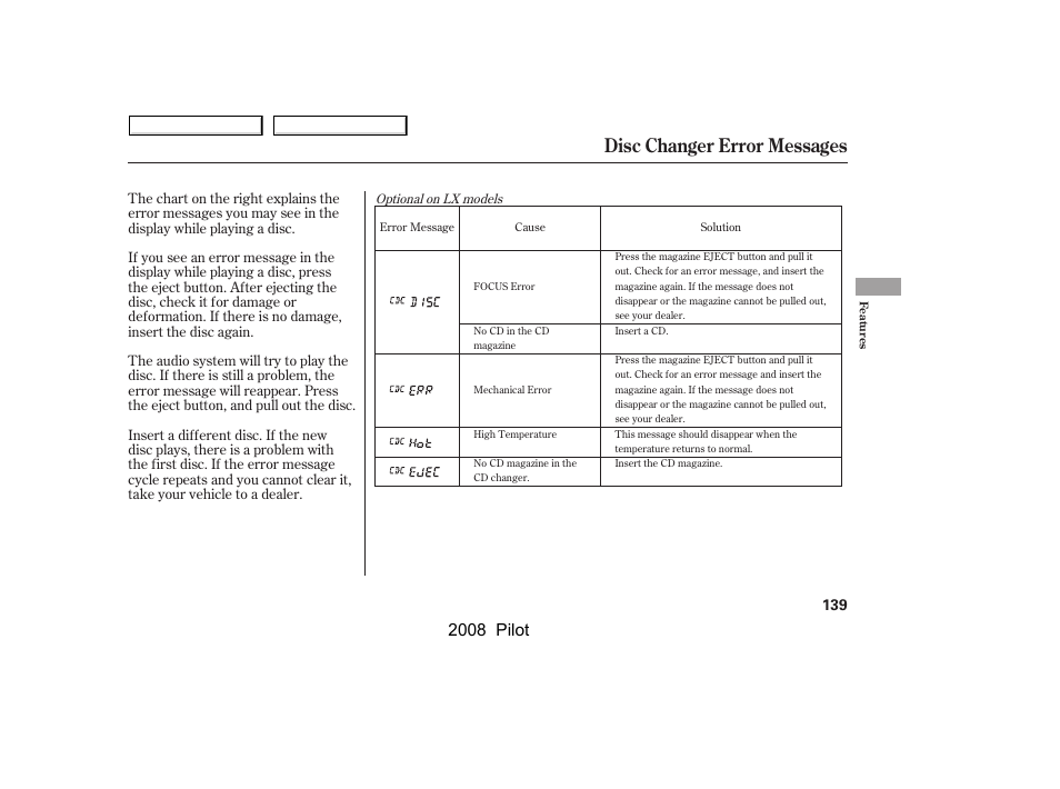 Disc changer error messages, 2008 pilot | HONDA 2008 Pilot User Manual | Page 143 / 329