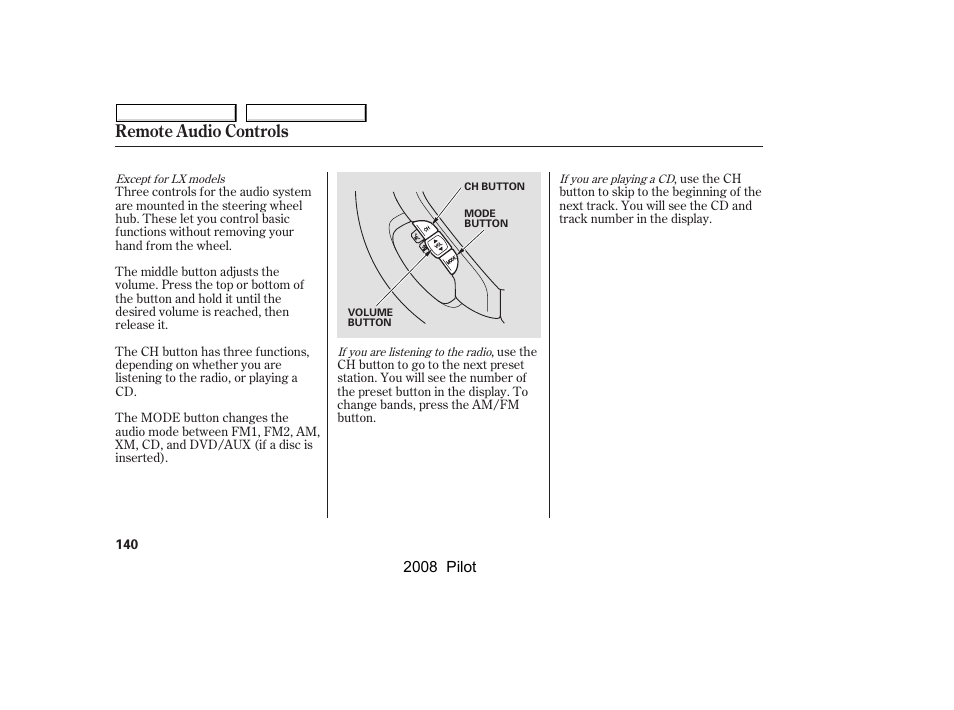 Remote audio controls | HONDA 2008 Pilot User Manual | Page 144 / 329