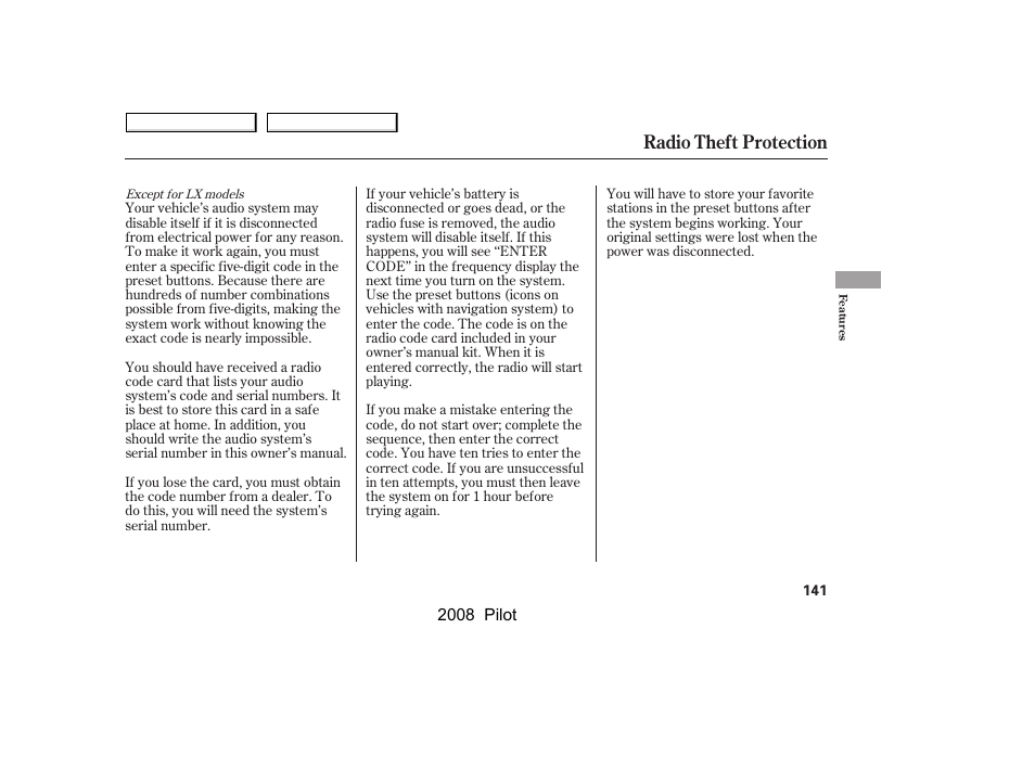 Radio theft protection | HONDA 2008 Pilot User Manual | Page 145 / 329