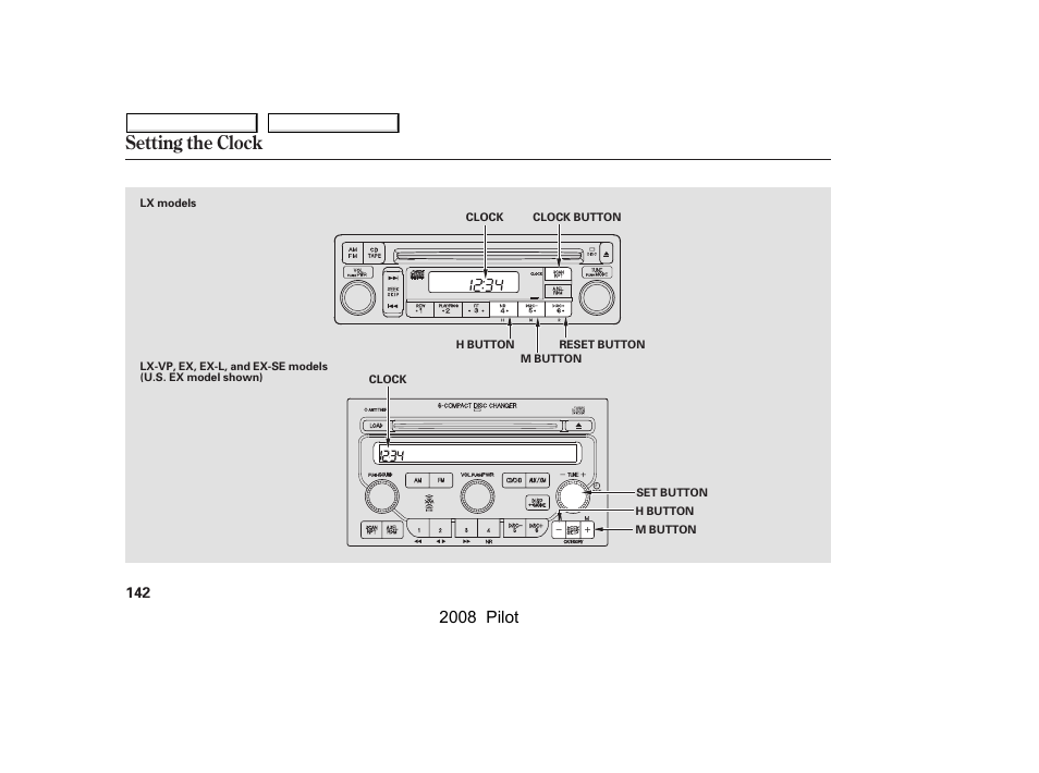 Setting the clock, 2008 pilot | HONDA 2008 Pilot User Manual | Page 146 / 329