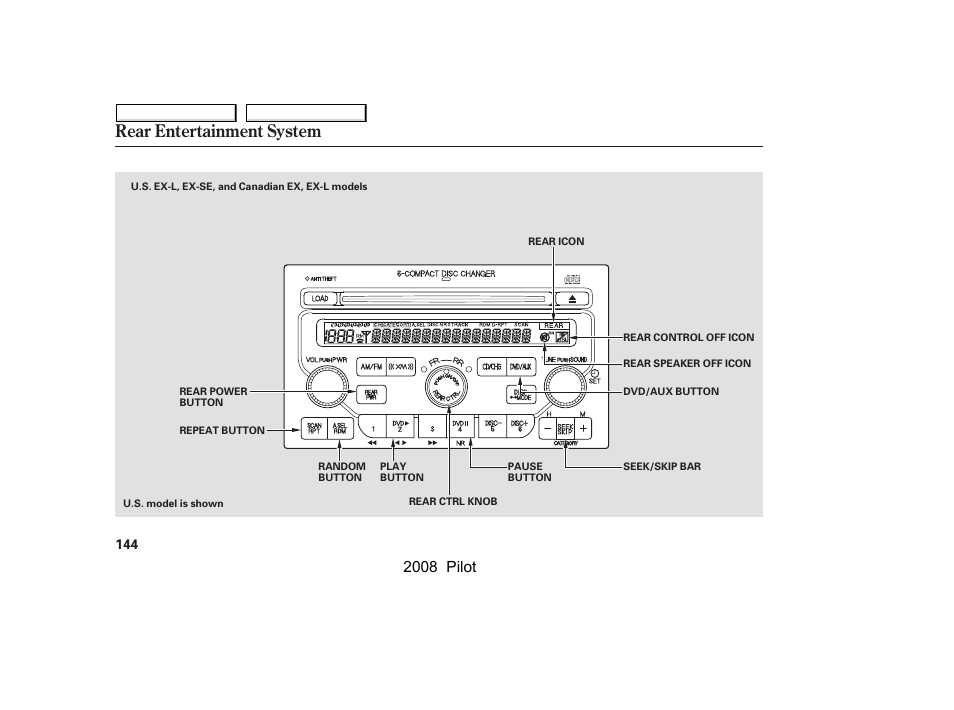 Rear entertainment system, 2008 pilot | HONDA 2008 Pilot User Manual | Page 148 / 329