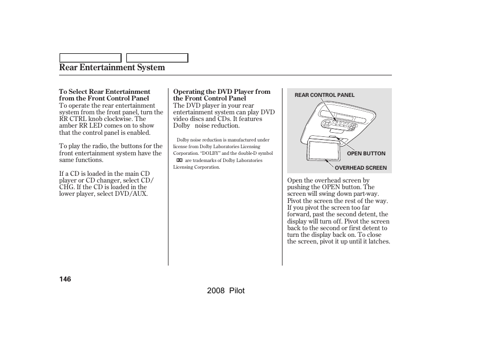 Rear entertainment system, 2008 pilot | HONDA 2008 Pilot User Manual | Page 150 / 329