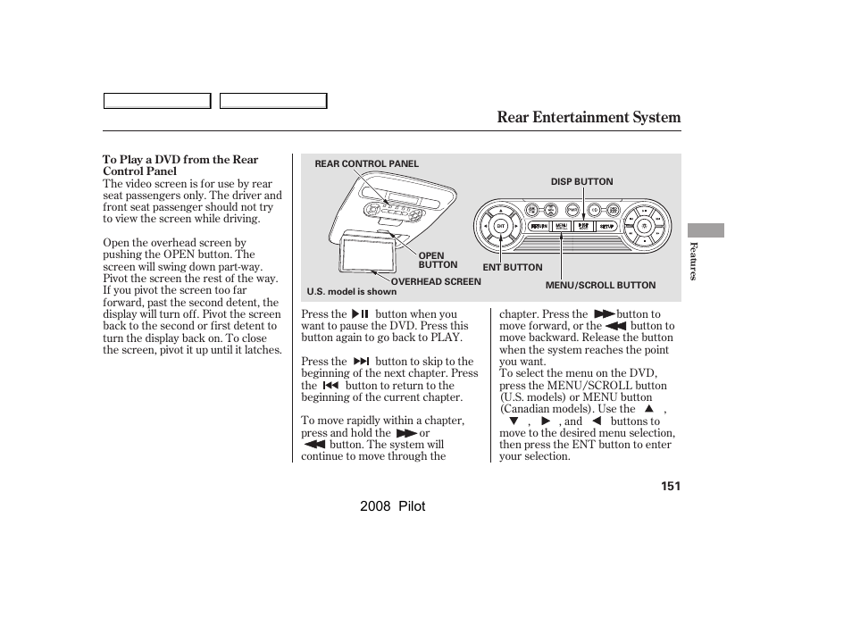 Rear entertainment system | HONDA 2008 Pilot User Manual | Page 155 / 329