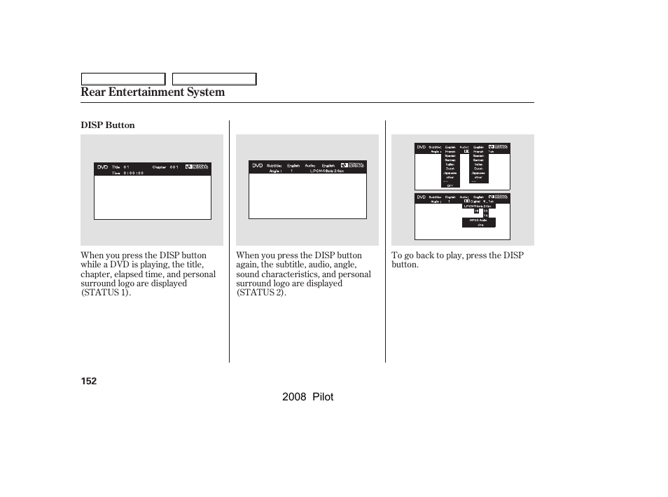 Rear entertainment system | HONDA 2008 Pilot User Manual | Page 156 / 329