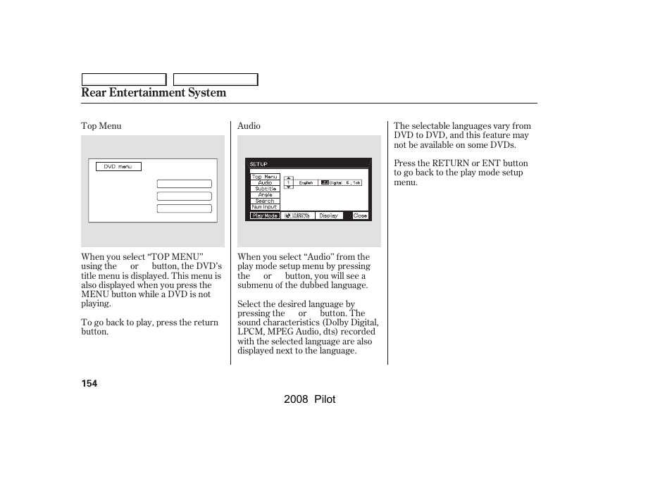 Rear entertainment system | HONDA 2008 Pilot User Manual | Page 158 / 329