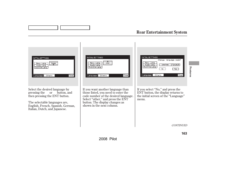 Rear entertainment system | HONDA 2008 Pilot User Manual | Page 167 / 329