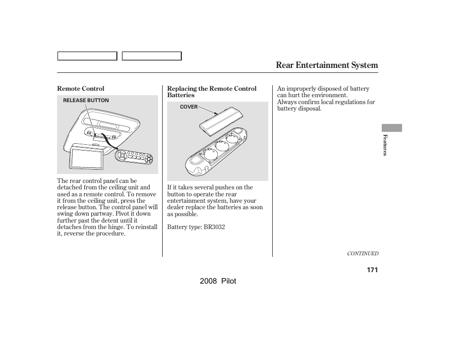 Rear entertainment system, 2008 pilot | HONDA 2008 Pilot User Manual | Page 175 / 329