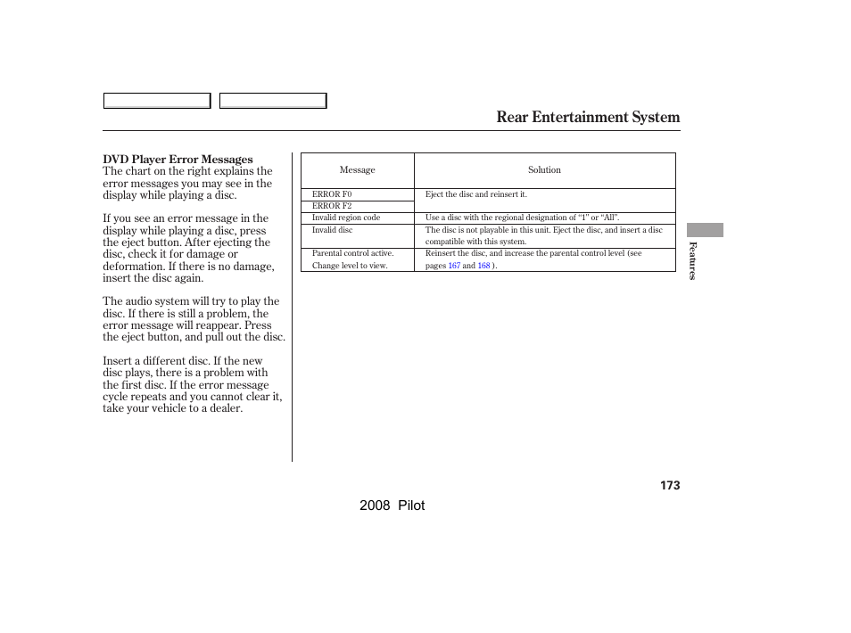 Rear entertainment system, 2008 pilot | HONDA 2008 Pilot User Manual | Page 177 / 329