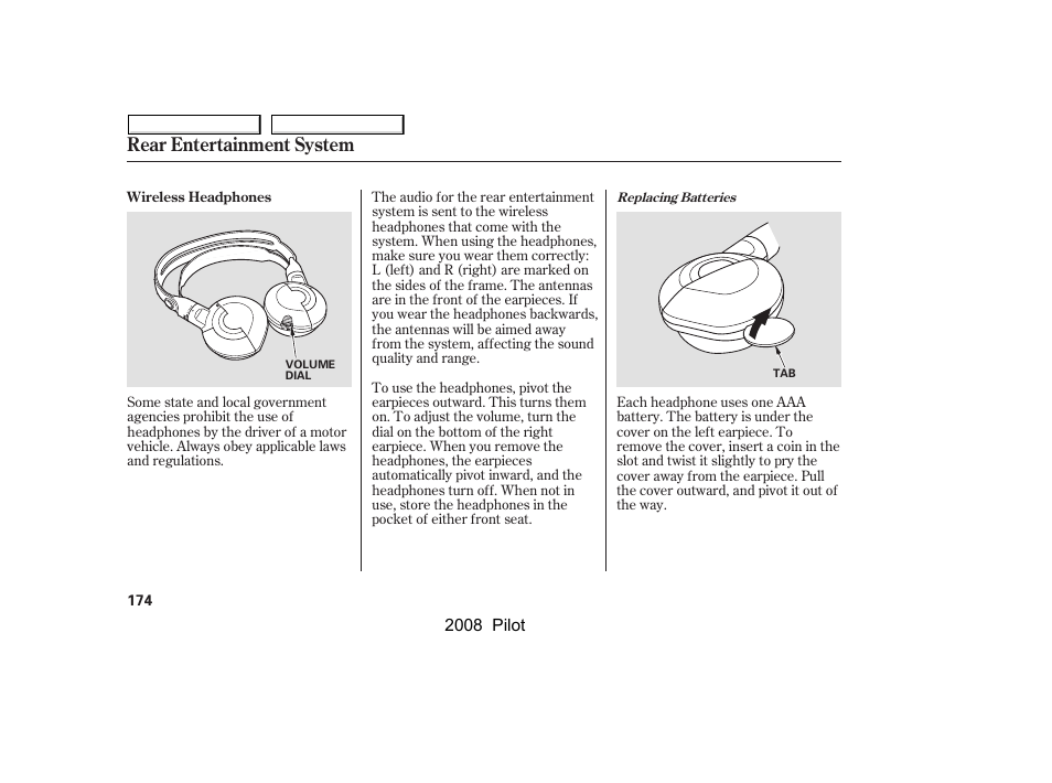 Rear entertainment system | HONDA 2008 Pilot User Manual | Page 178 / 329