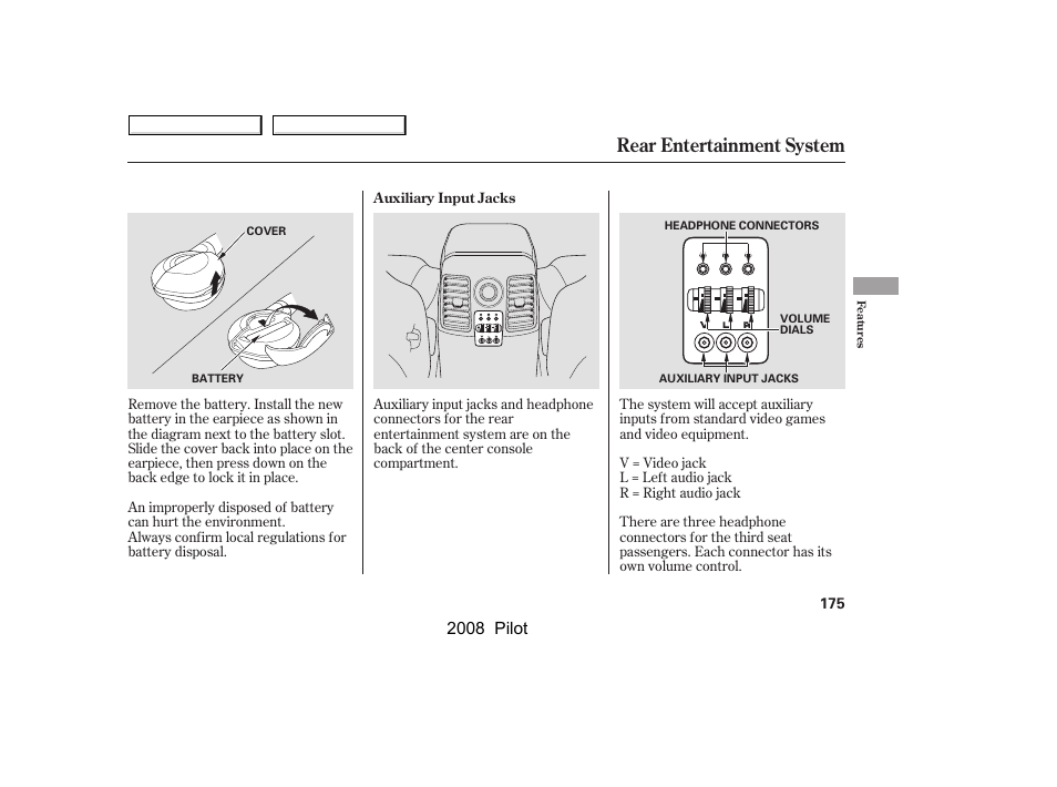 Rear entertainment system, 2008 pilot | HONDA 2008 Pilot User Manual | Page 179 / 329