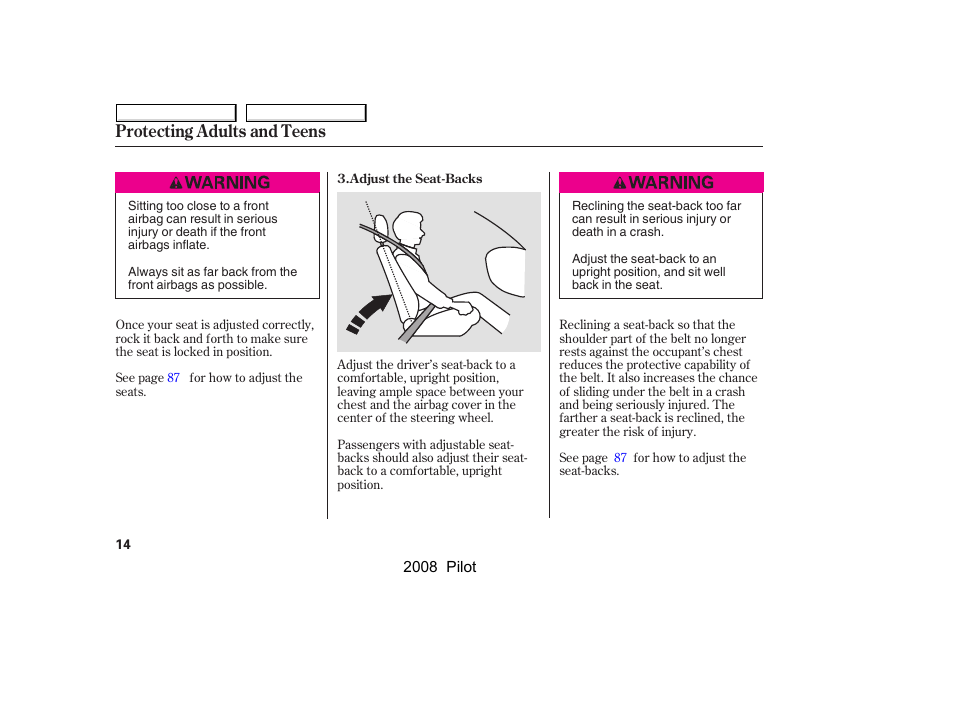 Protecting adults and teens | HONDA 2008 Pilot User Manual | Page 18 / 329