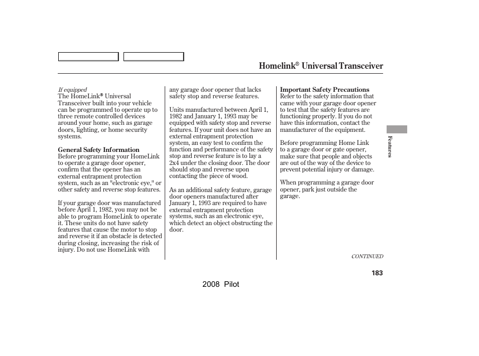 Homelink, Universal transceiver | HONDA 2008 Pilot User Manual | Page 187 / 329