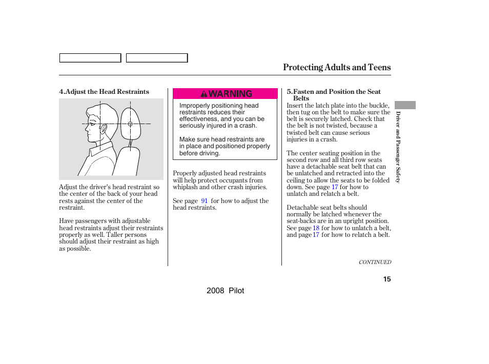 Protecting adults and teens | HONDA 2008 Pilot User Manual | Page 19 / 329