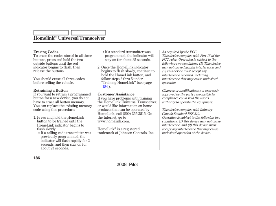 Homelink, Universal transceiver | HONDA 2008 Pilot User Manual | Page 190 / 329