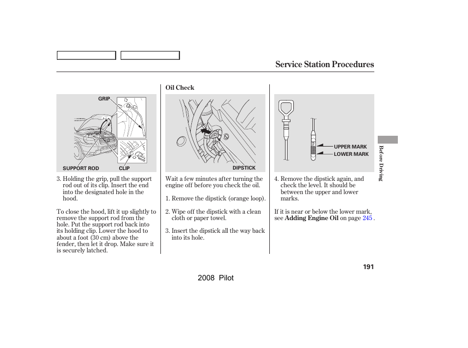 Service station procedures, 2008 pilot | HONDA 2008 Pilot User Manual | Page 195 / 329