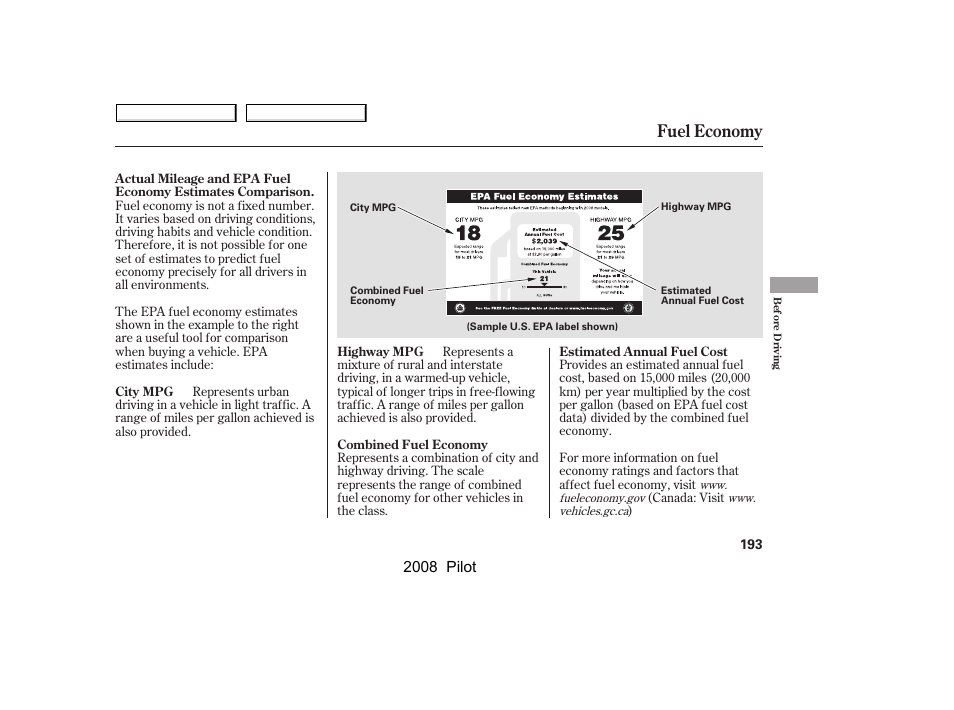 Fuel economy, 2008 pilot | HONDA 2008 Pilot User Manual | Page 197 / 329