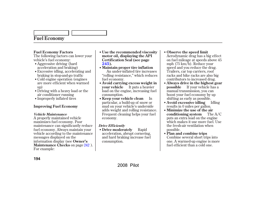 Fuel economy | HONDA 2008 Pilot User Manual | Page 198 / 329