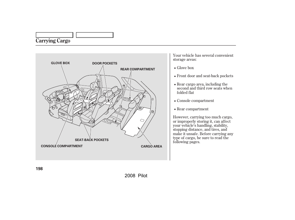 Carrying cargo | HONDA 2008 Pilot User Manual | Page 202 / 329