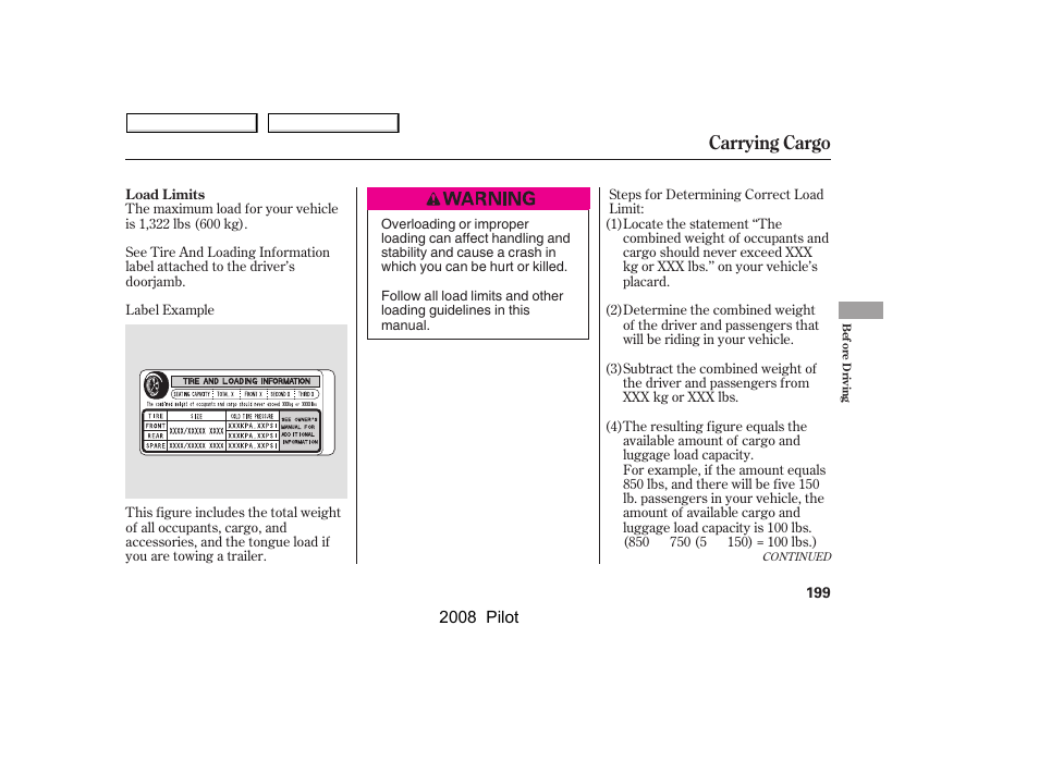 Carrying cargo | HONDA 2008 Pilot User Manual | Page 203 / 329