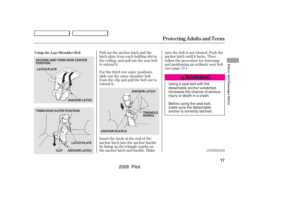 Protecting adults and teens, 2008 pilot | HONDA 2008 Pilot User Manual | Page 21 / 329