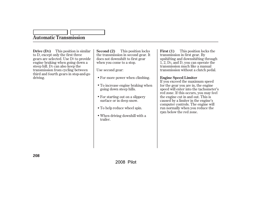 Automatic transmission | HONDA 2008 Pilot User Manual | Page 212 / 329