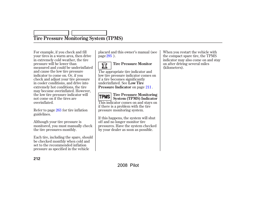 Tire pressure monitoring system (tpms) | HONDA 2008 Pilot User Manual | Page 216 / 329