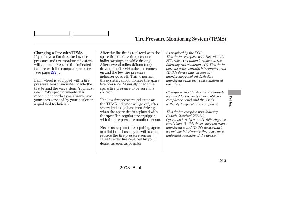 Tire pressure monitoring system (tpms) | HONDA 2008 Pilot User Manual | Page 217 / 329