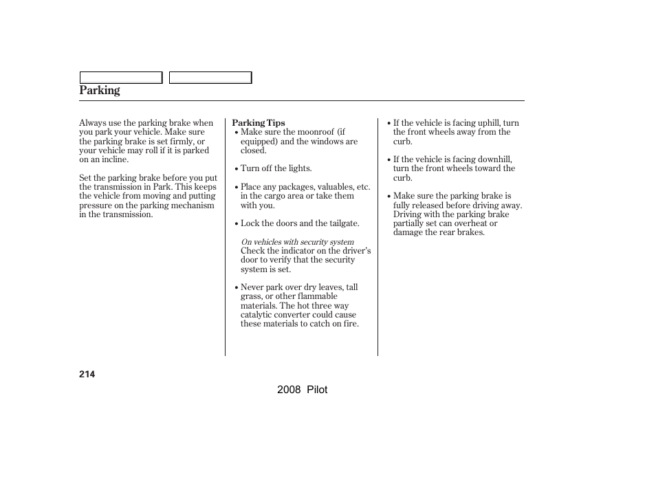 Parking | HONDA 2008 Pilot User Manual | Page 218 / 329