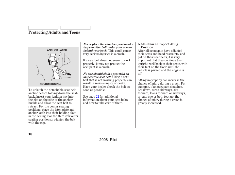 Protecting adults and teens | HONDA 2008 Pilot User Manual | Page 22 / 329