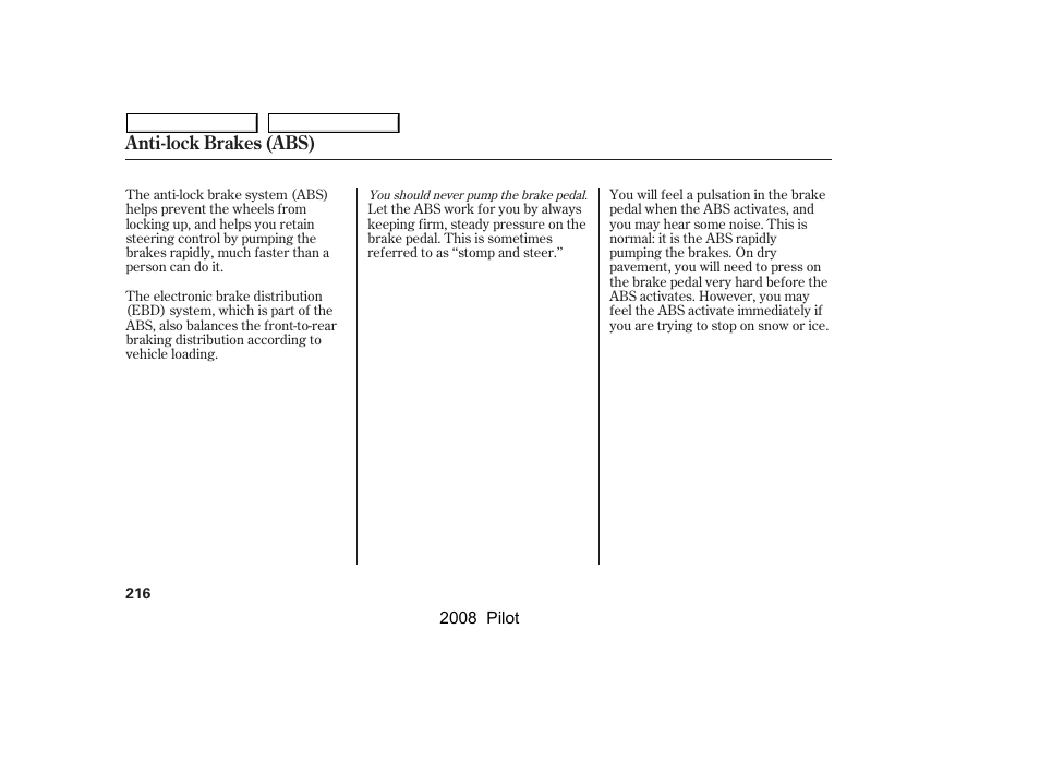 Anti-lock brakes (abs) | HONDA 2008 Pilot User Manual | Page 220 / 329