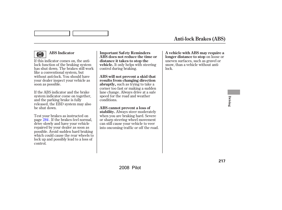 Anti-lock brakes (abs) | HONDA 2008 Pilot User Manual | Page 221 / 329