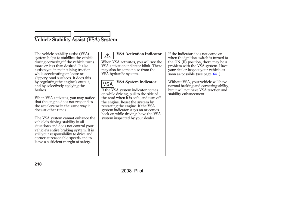 Vehicle stability assist (vsa) system | HONDA 2008 Pilot User Manual | Page 222 / 329