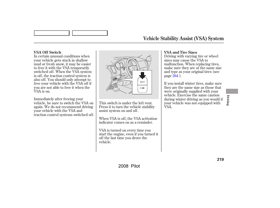 Vehicle stability assist (vsa) system | HONDA 2008 Pilot User Manual | Page 223 / 329