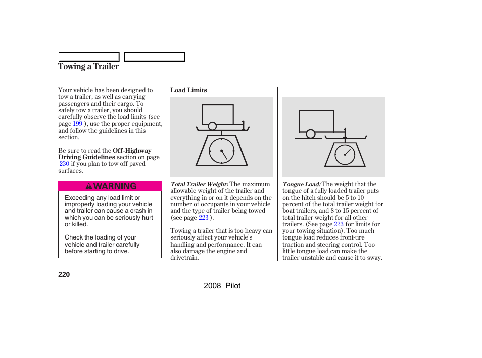 Towing a trailer | HONDA 2008 Pilot User Manual | Page 224 / 329