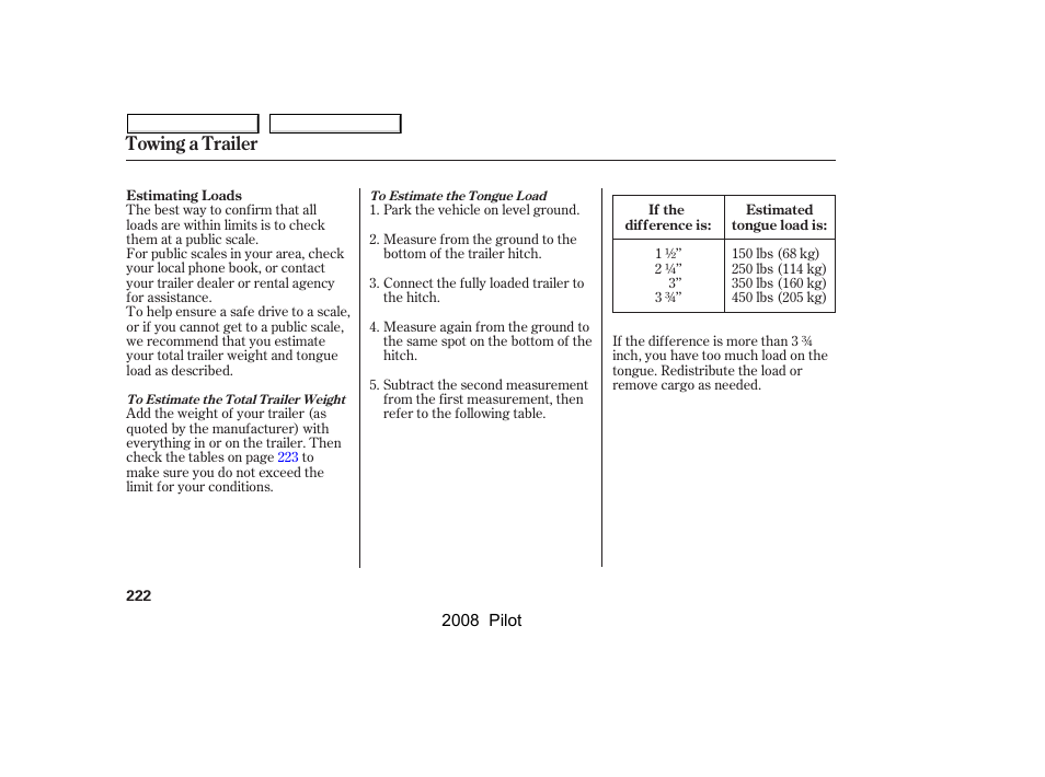 Towing a trailer | HONDA 2008 Pilot User Manual | Page 226 / 329