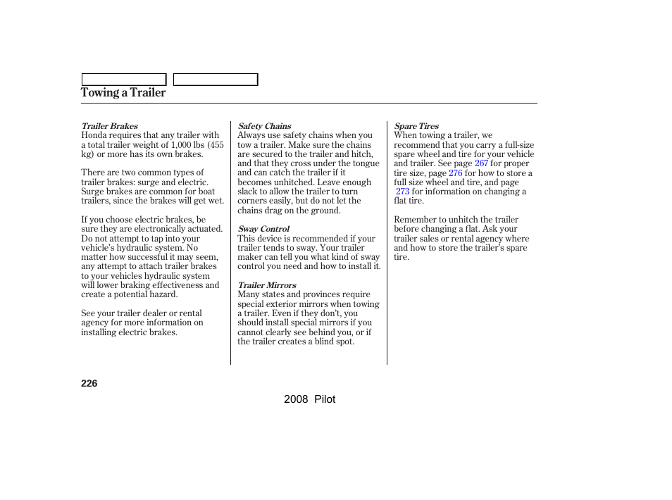 Towing a trailer | HONDA 2008 Pilot User Manual | Page 230 / 329