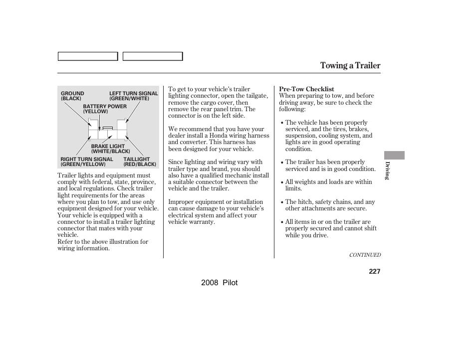 Towing a trailer, 2008 pilot | HONDA 2008 Pilot User Manual | Page 231 / 329