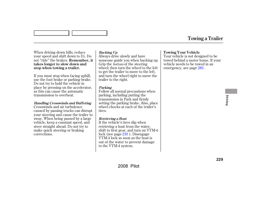 Towing a trailer | HONDA 2008 Pilot User Manual | Page 233 / 329