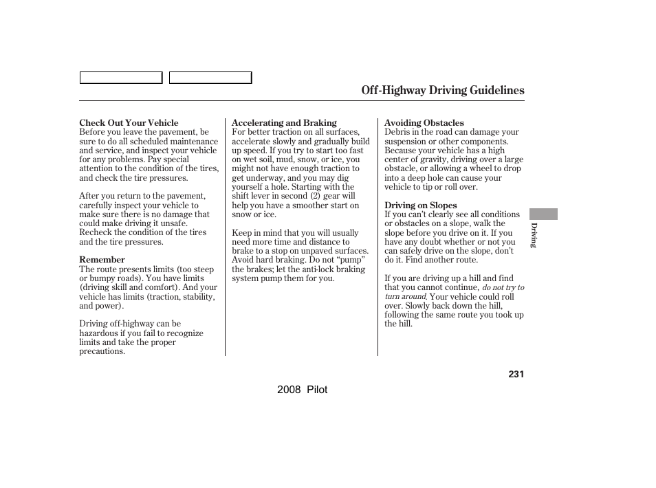 Off-highway driving guidelines | HONDA 2008 Pilot User Manual | Page 235 / 329