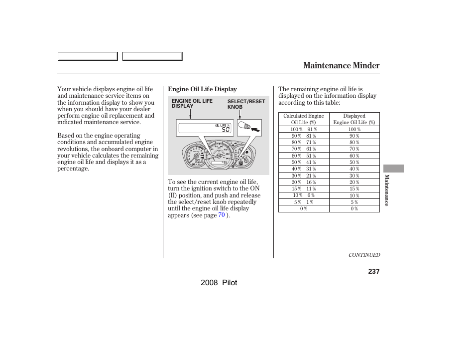 Maintenance minder, 2008 pilot | HONDA 2008 Pilot User Manual | Page 241 / 329