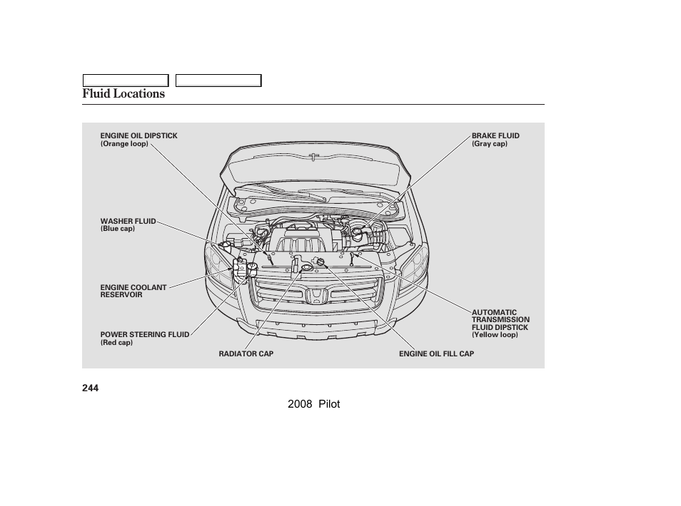 Fluid locations, 2008 pilot | HONDA 2008 Pilot User Manual | Page 248 / 329