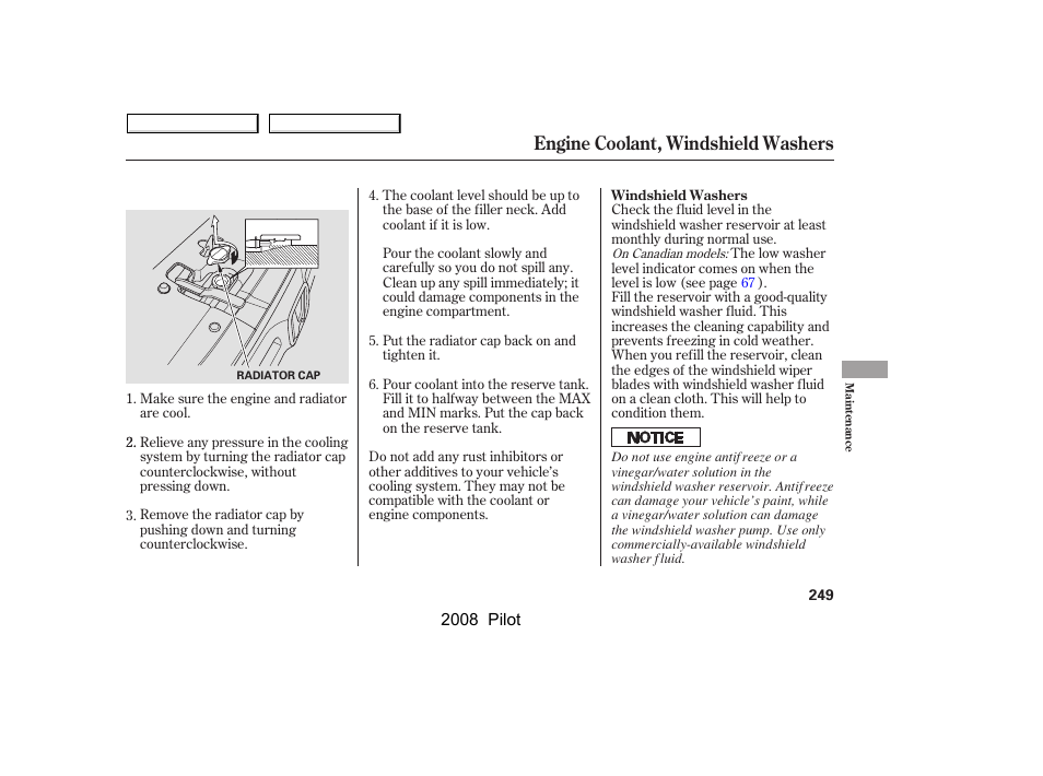 Engine coolant, windshield washers | HONDA 2008 Pilot User Manual | Page 253 / 329