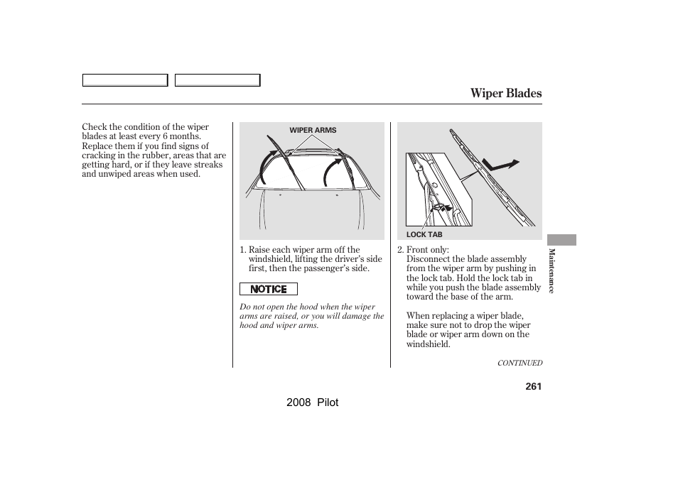 Wiper blades | HONDA 2008 Pilot User Manual | Page 265 / 329