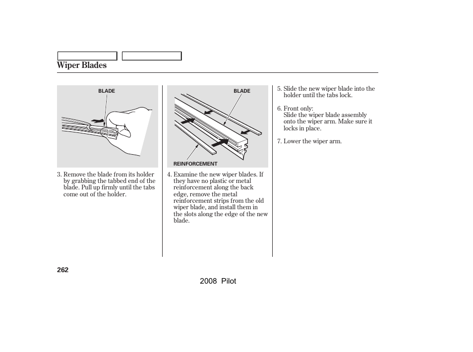 Wiper blades | HONDA 2008 Pilot User Manual | Page 266 / 329