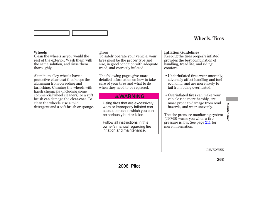 Wheels, tires | HONDA 2008 Pilot User Manual | Page 267 / 329