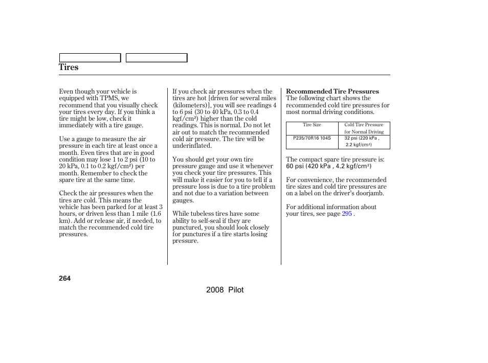 Tires, 2008 pilot | HONDA 2008 Pilot User Manual | Page 268 / 329