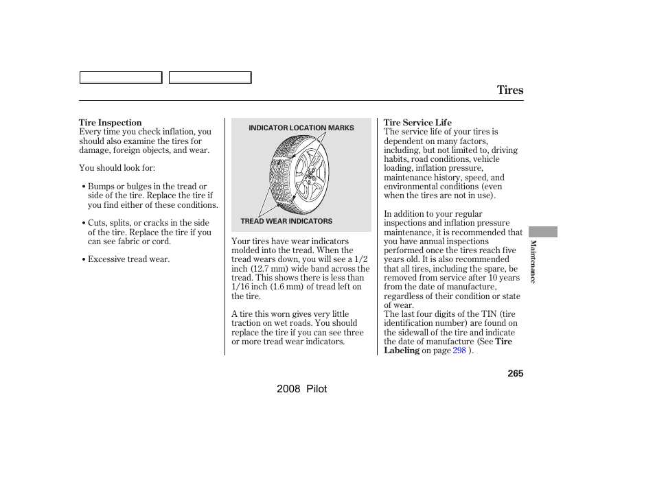 Tires | HONDA 2008 Pilot User Manual | Page 269 / 329