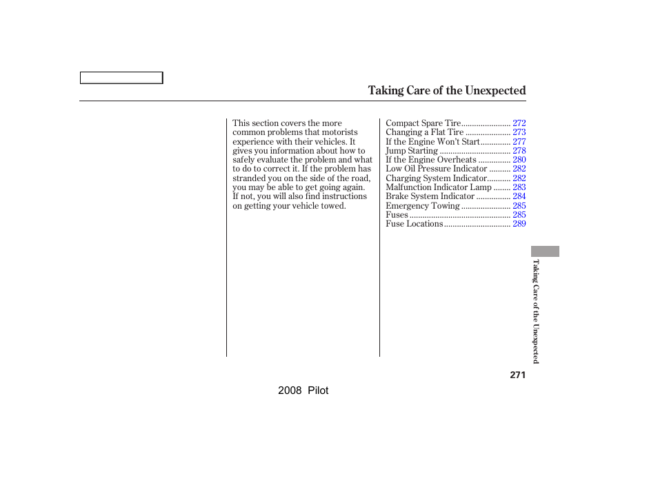 Taking care of the unexpected | HONDA 2008 Pilot User Manual | Page 275 / 329