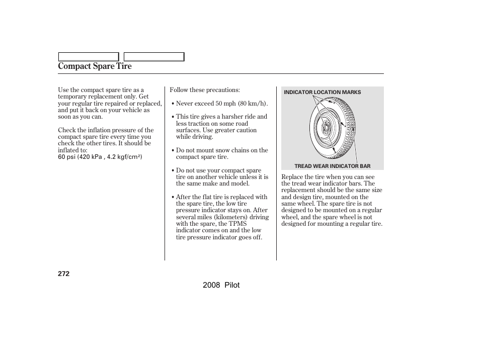 Compact spare tire | HONDA 2008 Pilot User Manual | Page 276 / 329